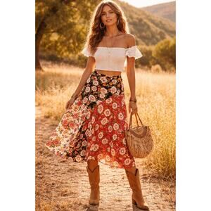 FARM Rio Patchwork Floral Boho Midi Skirt Large Neutral Flowy Summer Light